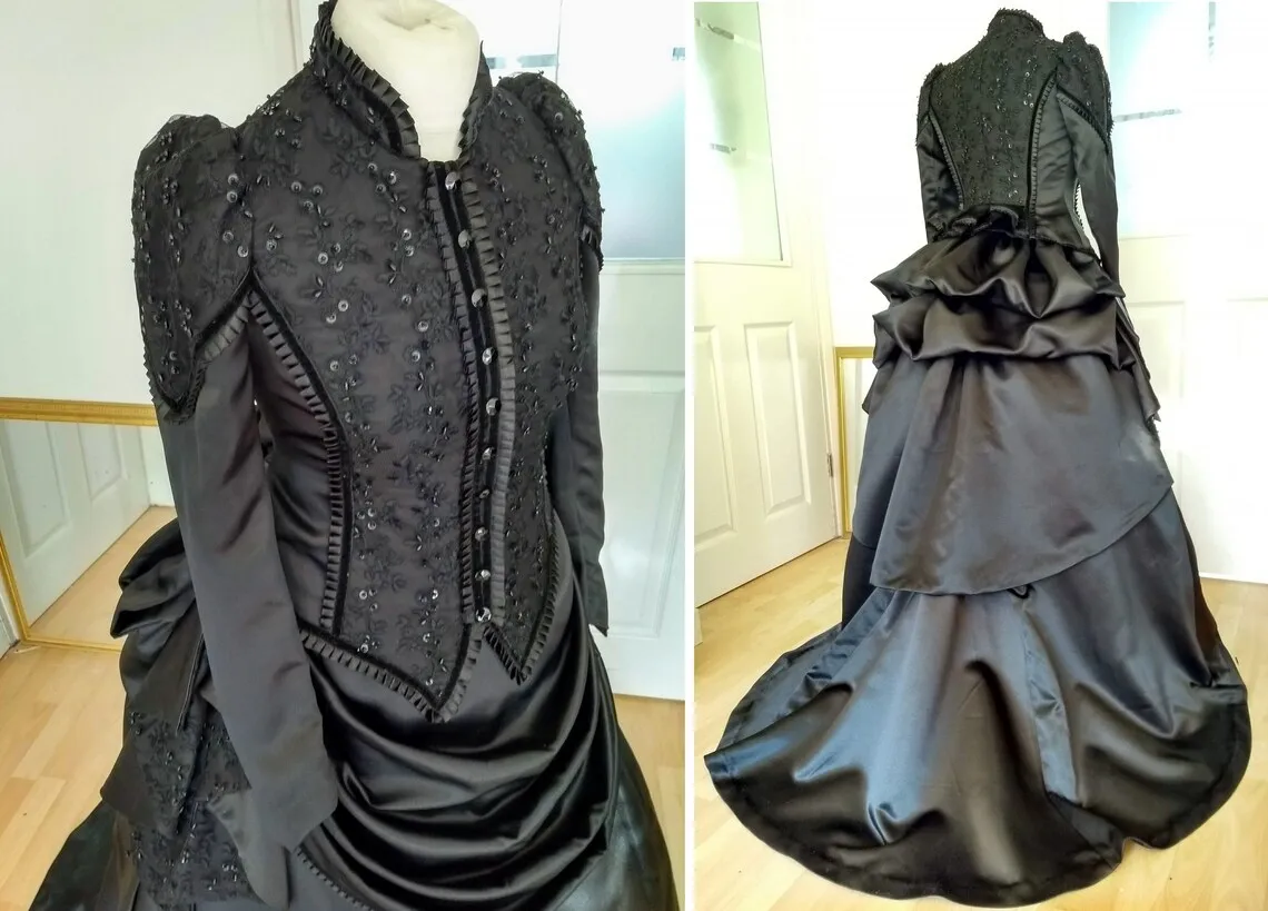 

Victorian Black Gothic Wedding Dresses Bustle Long Sleeves Vintage Cosplay Vampire Steampunk Women Dress Special Occasion Wear