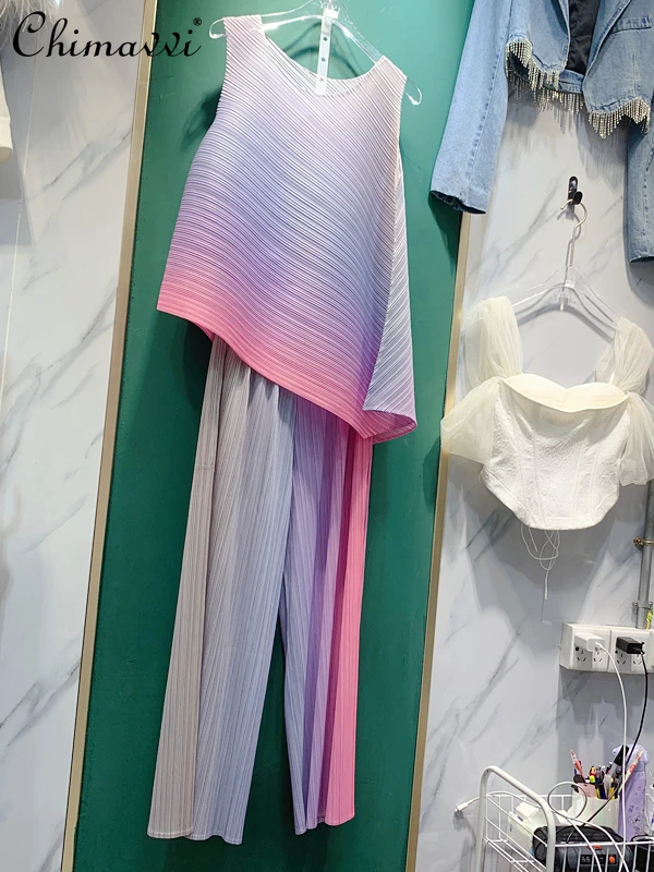 

European Fashion Gradient Color Crumpled Irregular Sleeveless Loose Top Wide Leg Trousers 2022 Summer New Elegant Twinset Women