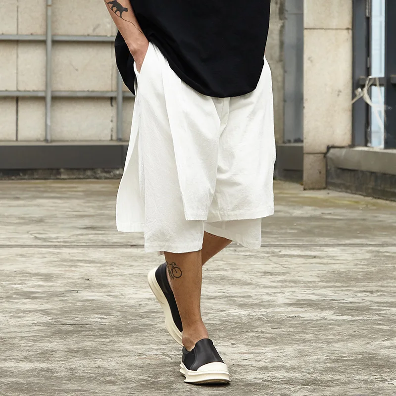 

Men Streetwear Hip Hop Punk Gothic Loose Casual Cotton Linen Shorts Male Double-layer Splice Summer Kimono Skirt Short Pant