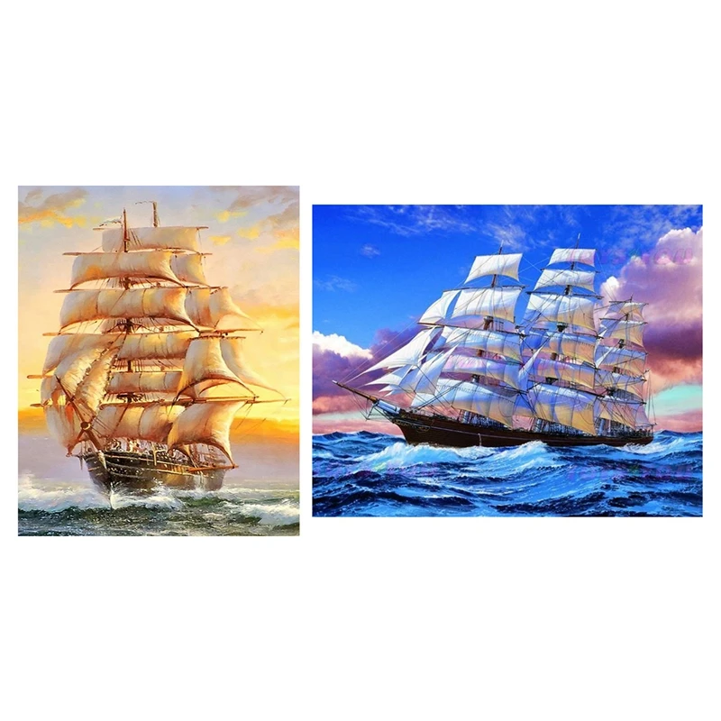 

2 Set 5D Diamond Embroidery Boat Landscape Handmade Diamond Painting Landscape Needlework Cross Stitch Home Decoration, 1 Set Sa