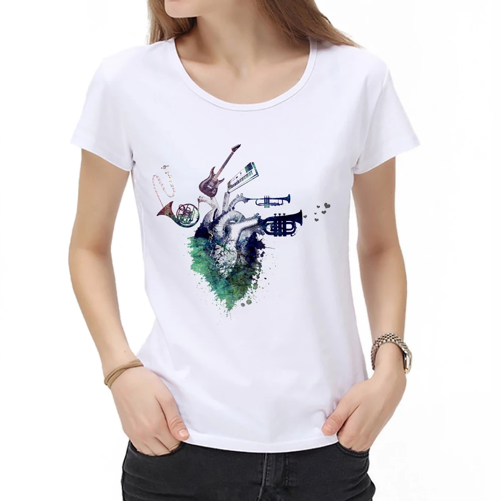 

Women's White T-shirt Fashion Kawaii Harajuku I love music Heart Classic Graphic T Shirts Summer Short Sleeve Female Tops Casual