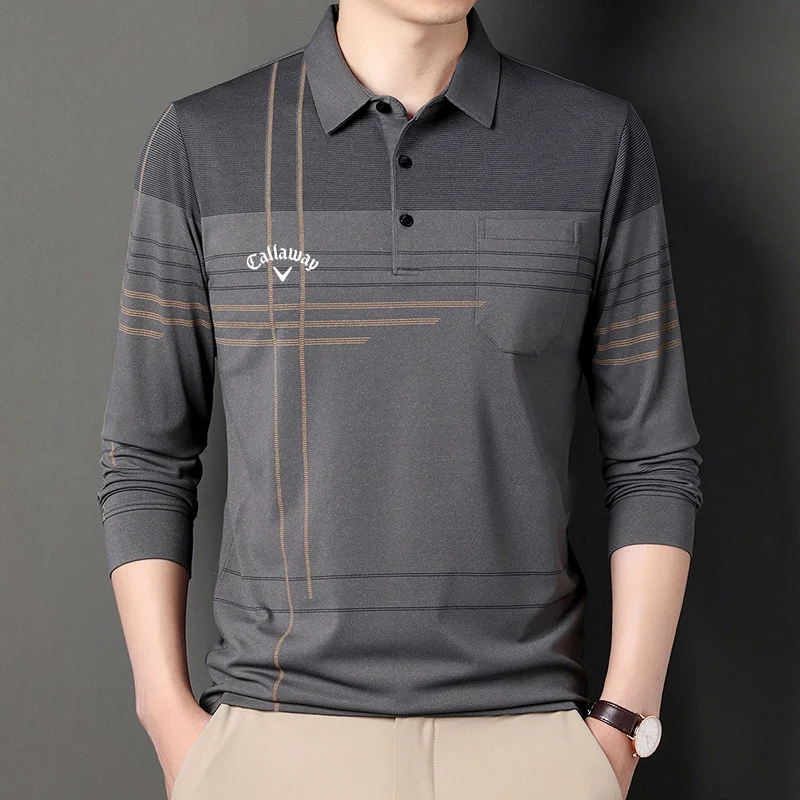 Spring/Autumn New Men's Golf Clothing Lapel Long Sleeve Middle-aged POLO Shirt Striped Casual Jacket
