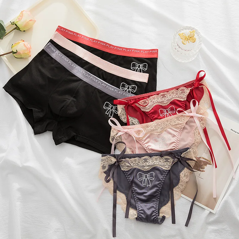 

Couple Panties Sexy Cotton Underwear Men's Boxers Women's Briefs Diamond Butterfly Knot Panties Breathable Lingerie For Lovers