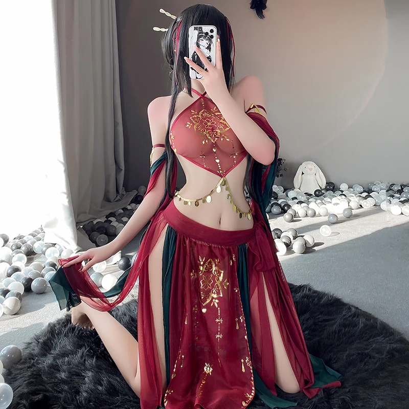 

Classical Sexy Lingerie Mesh Outfit Halter Lace Floral LongDress Hanfu Anime Cosplay Sleepwear Roleplay High Split Stage Costume