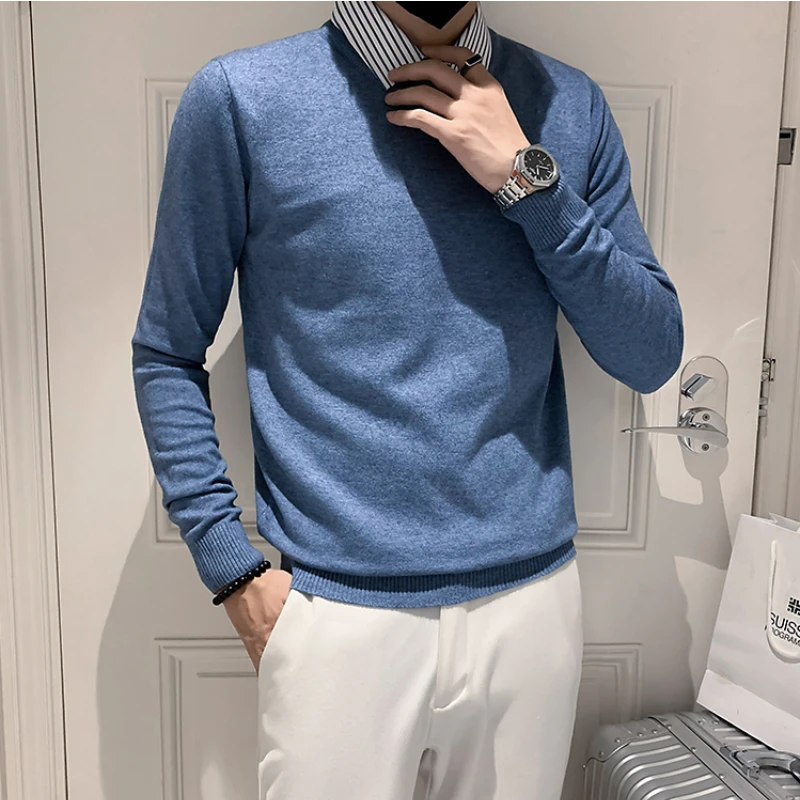 Shirt Collar Fake Two Sweaters/ High Quality Men's New Autumn Winter Solid Colors Slim Fit Casual Korean Thickened Knit Pullover