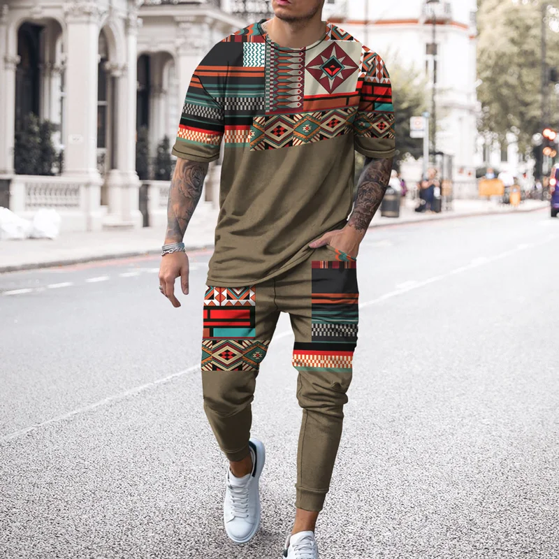 

Summer Sport Tshirts Joogers Men's Tracksuit Suit Geometric Shape Pattern Short-Sleeved T-shirt Trousers Casual 2 Piece Sets