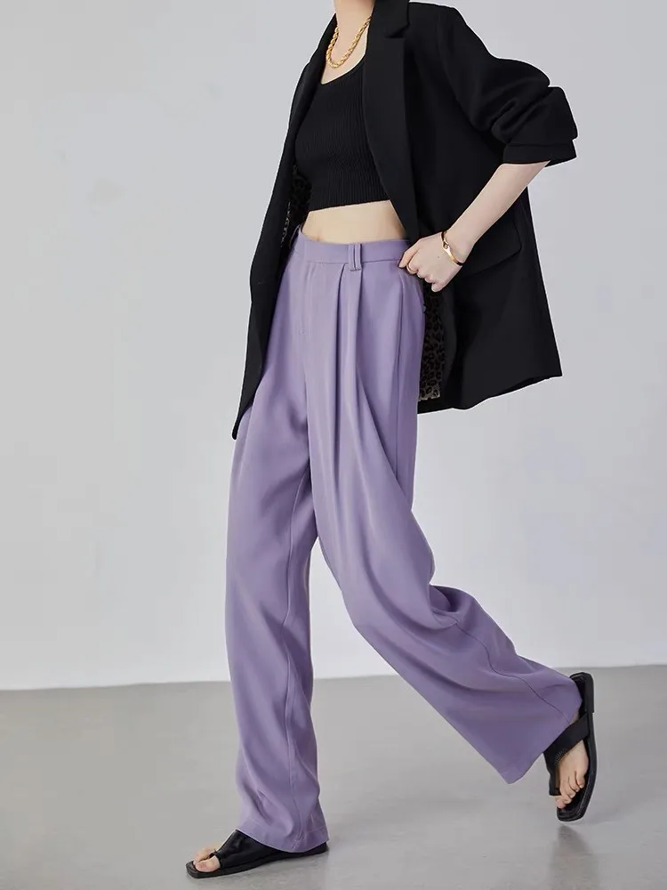 

ZHISILAO New High Waist Purple Wide Leg Pants Women Elegant Office Lady Full Length Straight Trousers Summer 2022