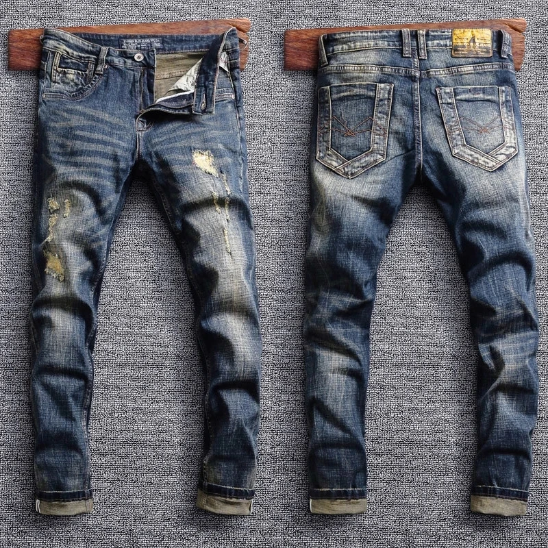 

Джинсы мужские в стиле ретро, модные синие Эластичные зауженные рваные джинсы в итальянском стиле, винтажные Дизайнерские повседневные Стрейчевые брюки в стиле пэчворк