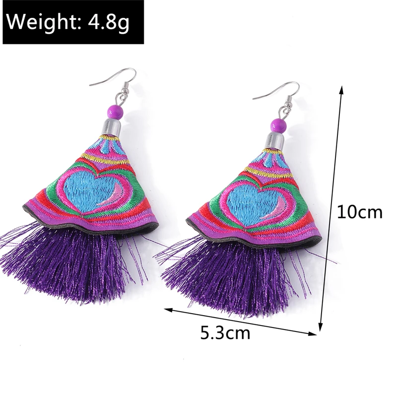 Женские серьги-подвески в этническом стиле с вышивкой виде сердца