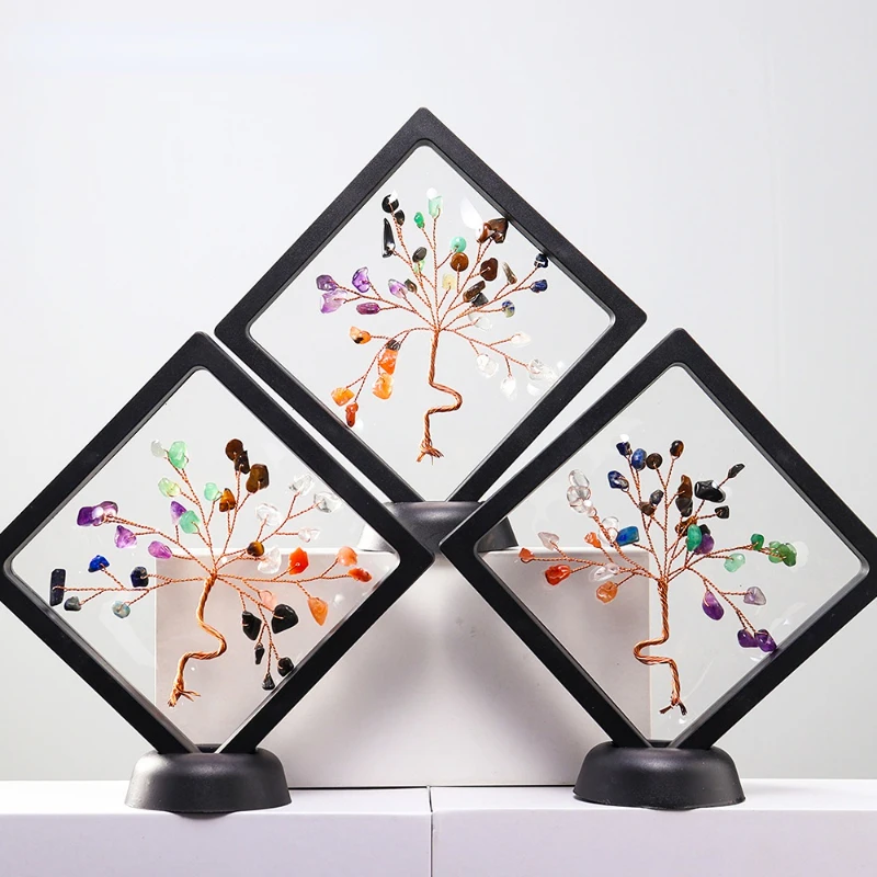 

Natural Reiki Gemstones Lucky Tree Ornaments 7Chakra Tree of Life Crystal Gravels Black Frame Fengshui Crafts Home Decor Gifts