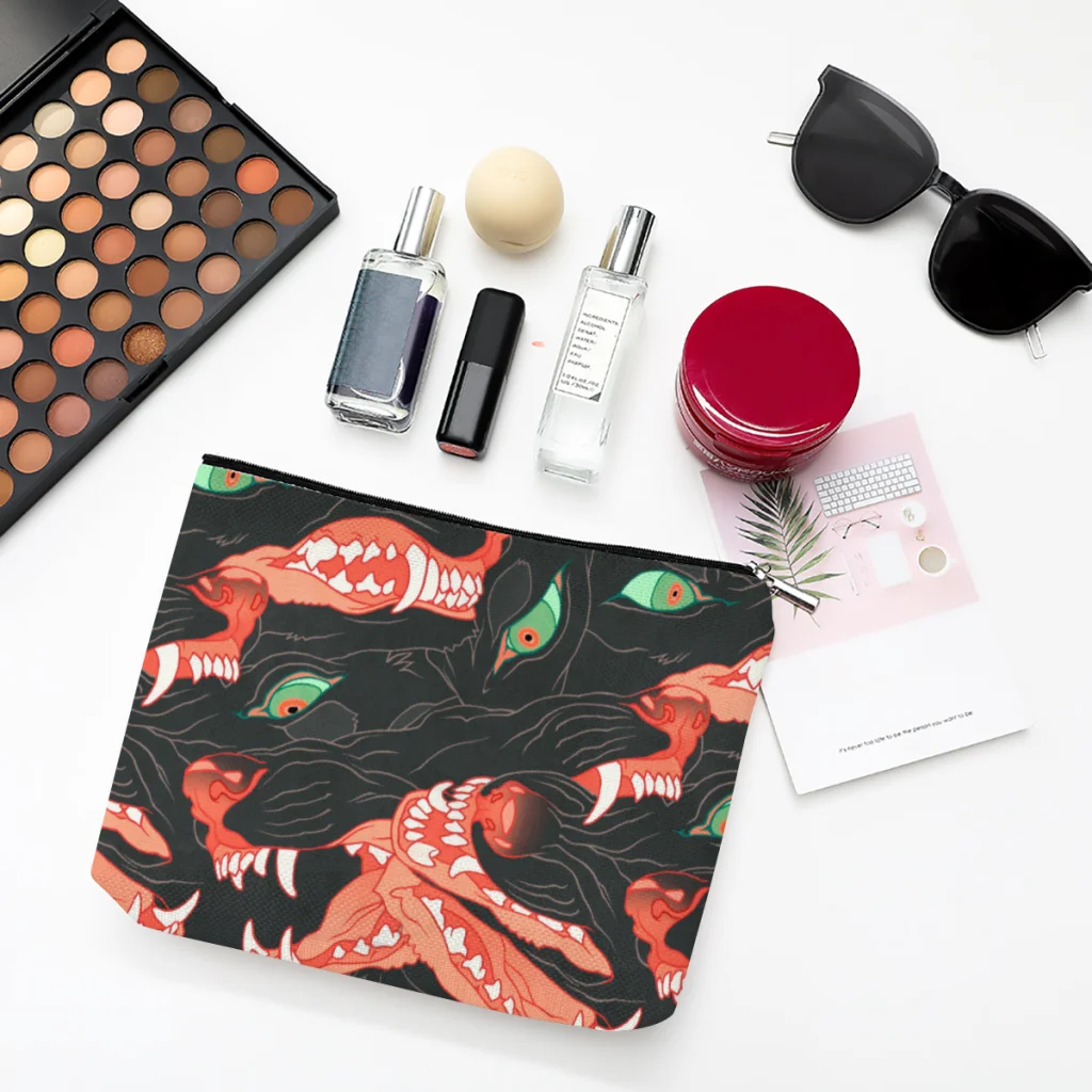 

Black Dargon Linen Women Cosmetic Bag Illustration Makeup Pouch Lady Tote Purse Zipper Clutch Phone Purse