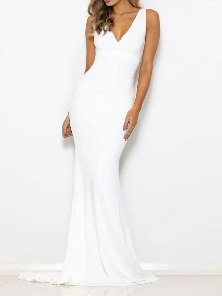 

Elegant White V Neck Bodycon Women Long Dress Sleeveless Backless Summer Sundresses Floor Length Mermaid Party Formal