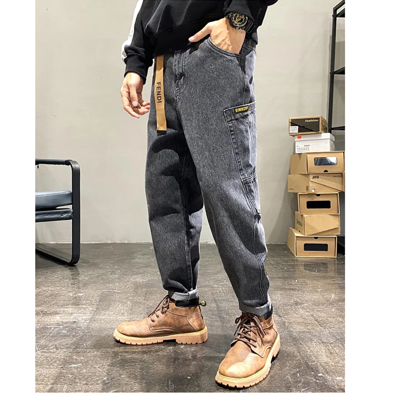 Men Clothing New Pattern Recreational Vintage Nostalgia Black Grey Jeans Straight Cylinder Loose Street Trousers Autumn Female