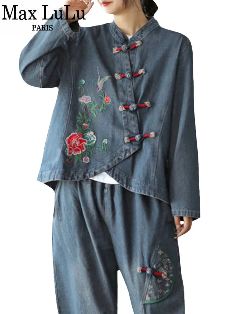 Max LuLu 2022 Fall Chinese Style Suits Womens Denim Floral Two Pieces Sets Loose Fashion Jacket Vintage Elastic High Waist Jeans