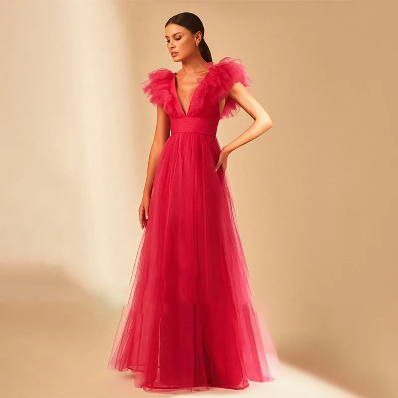 

HAOWEN Simple Ruffles Tulle Prom Dresses 2022 Cap Sleeves V-neck Formal Prom Party Gowns Backless Long Women's Evening Dress