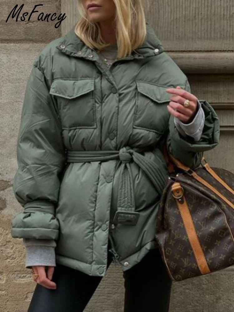 

Msfancy Green Quilted Coat Women Winter Fashion Stand Collar Tunic Bandage Jacket Mujer 2021 Vintage Pockets Warm Parkas Outwear