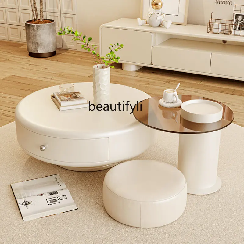 

zqFrench Cream Style Beige Coffee Table TV Cabinet Combination round Light Luxury Modern Minimalist Combination