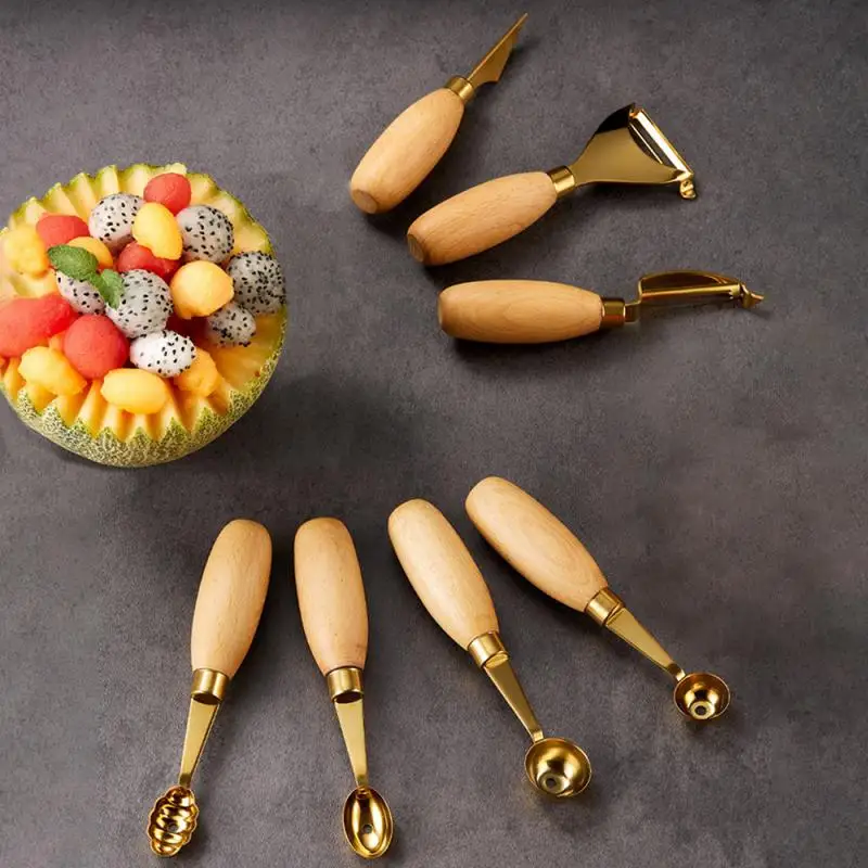 Luxury Fruit Art Set Wooden Fruit Spoon Ice Cream Spoon Carving Knife Kitchen Vegetables Peeler Gold Gadgets Kitchen Accessories
