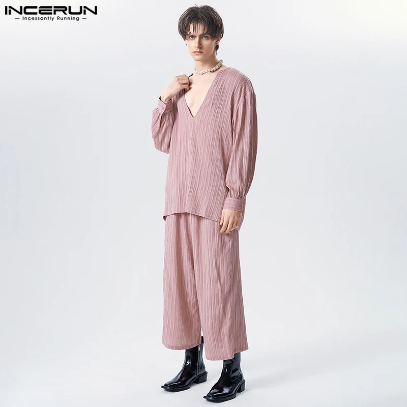 

Fashion Casual Style Sets INCERUN Men Solid All-match Medium Length T-shirts Long Pant Simple V-neck Stripe Two-piece Sets S-5XL