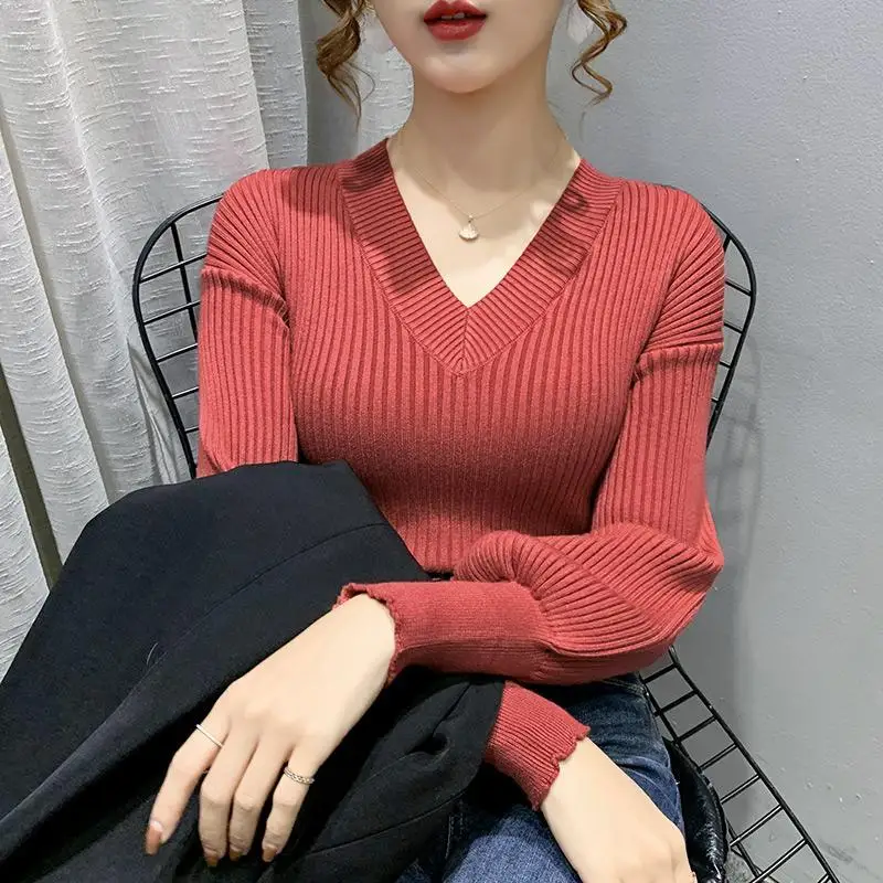 

Осенне-зимняя трендовая Женская одежда, однотонные вязаные пуловеры с V-образным вырезом, универсальные модные облегающие свитера с длинным рукавом для женщин