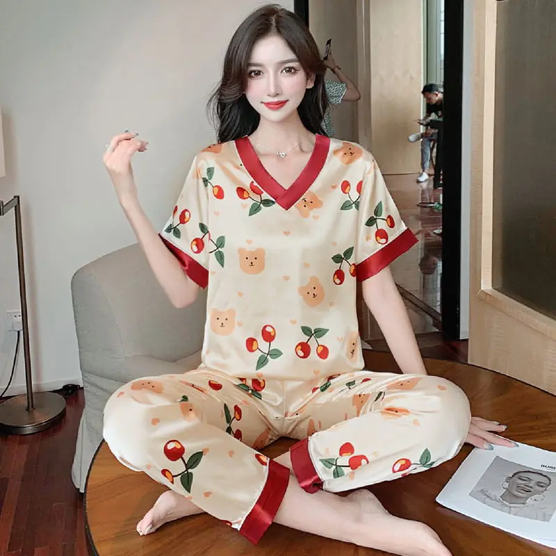Summer and autumn pajamas women's stretch simulation silk short sleeve long pants V-neck cartoon cute casual ice silk loungewear