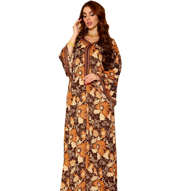 Купи Vintage Ethnic Orange Print Abaya Dress Orange Floral Ribbon V Neck Flare Long Sleeve Arab Oman Dubai Women Clothing за 944 рублей в магазине AliExpress