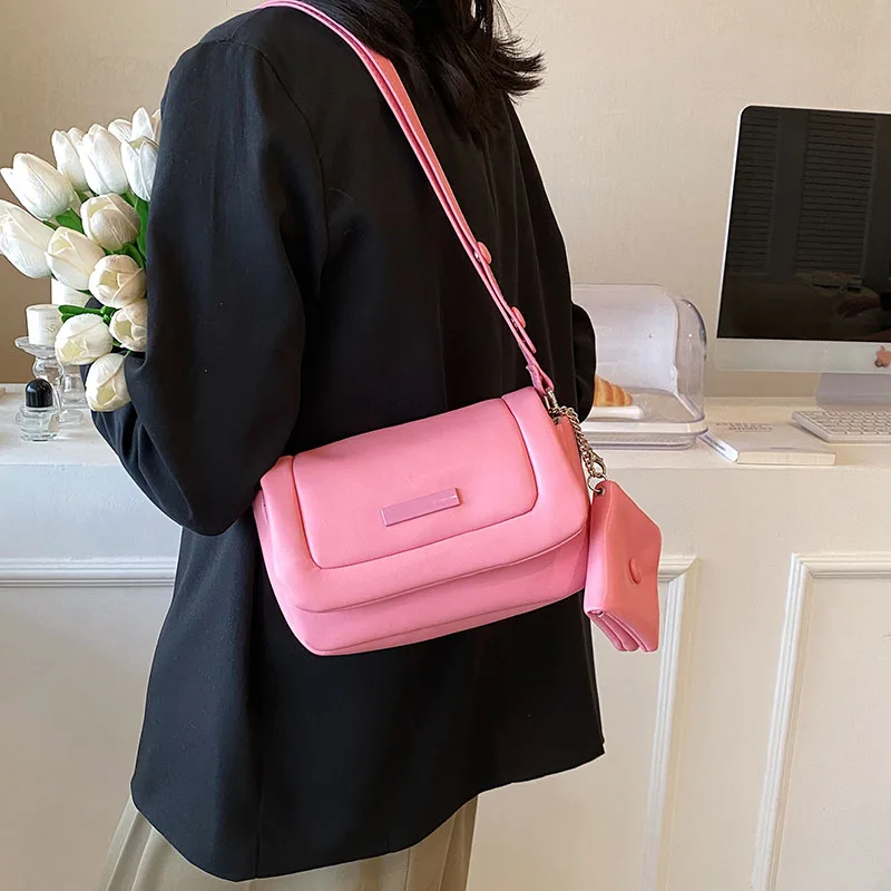 

Soft Leather Messenger Bag With Coin Purse For Women 2023 New Travel Satchel Handbag Purse Trend Pink Black Shoulder Bag Female