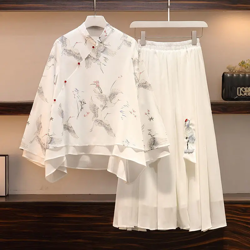 

Платье ханьфу в китайском стиле для женщин, летнее шифоновое Современное женское платье 5XL с белой юбкой, традиционный костюм, платье, костюм-двойка