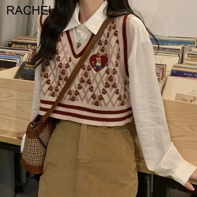 

Женский жилет с V-образным вырезом Love Bear, вязаный жилет в Корейском стиле, осень 2021