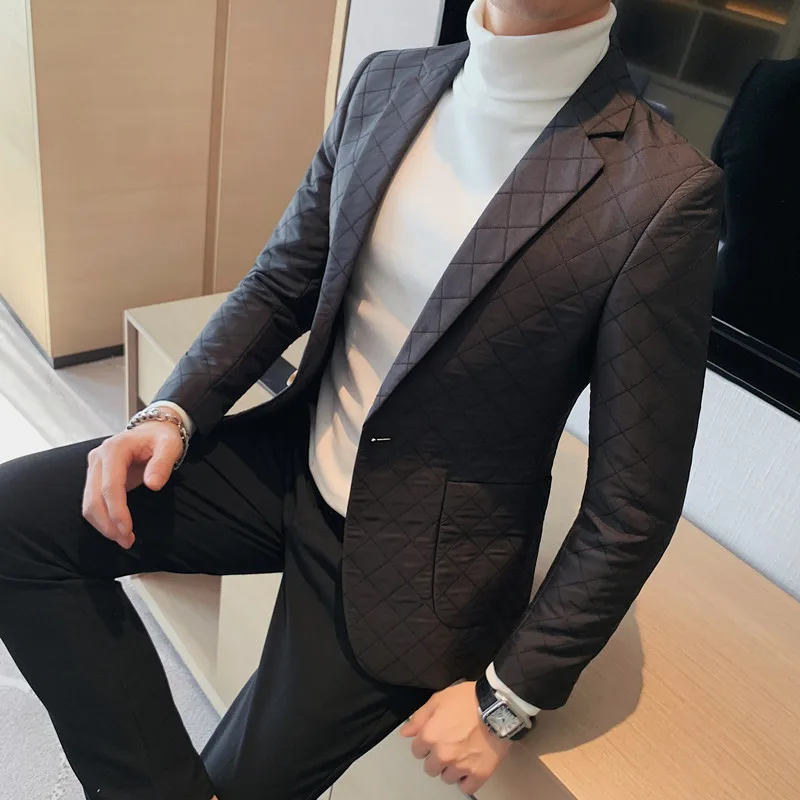 Light Luxury Argyle Men Blazers Fashion Business Casual Slim Suit Jacket Social Wedding Groom Dress Coats Blazer Masculino 2022
