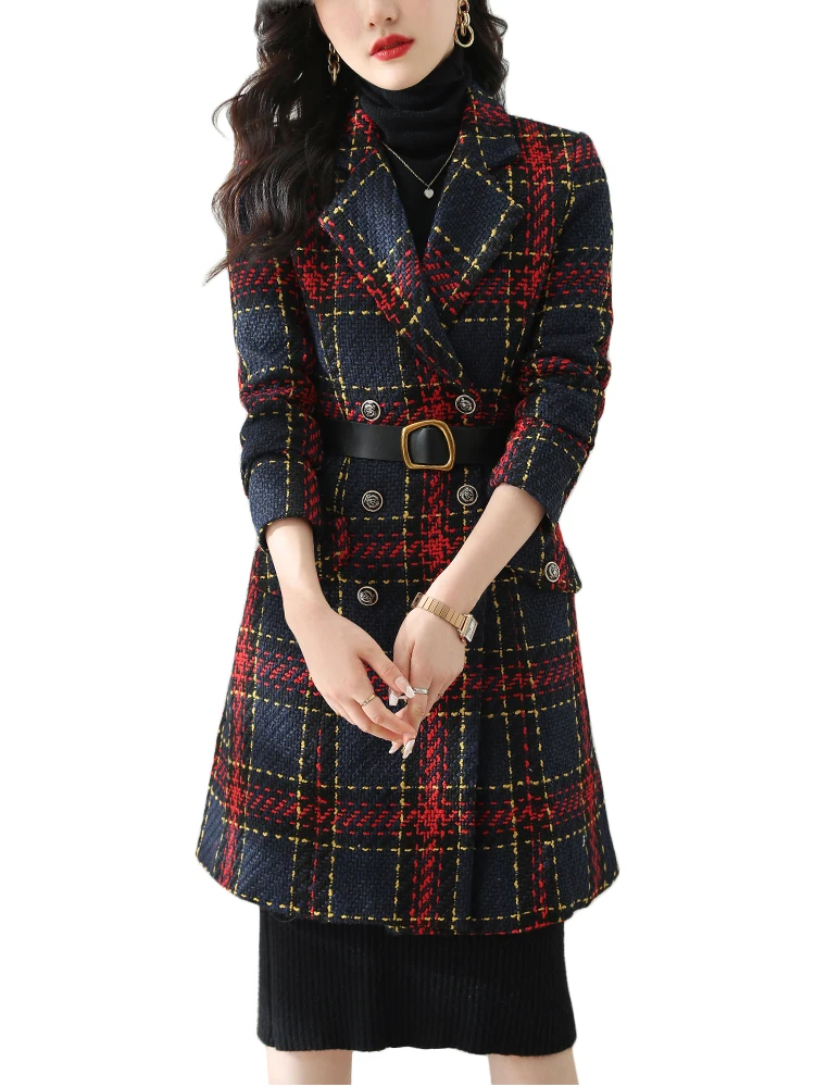 Women Long Casual Plaid Blazer Triple Breasted Jacket Elegant Ladies Red Blue Long Sleeve Female Vintage Coat