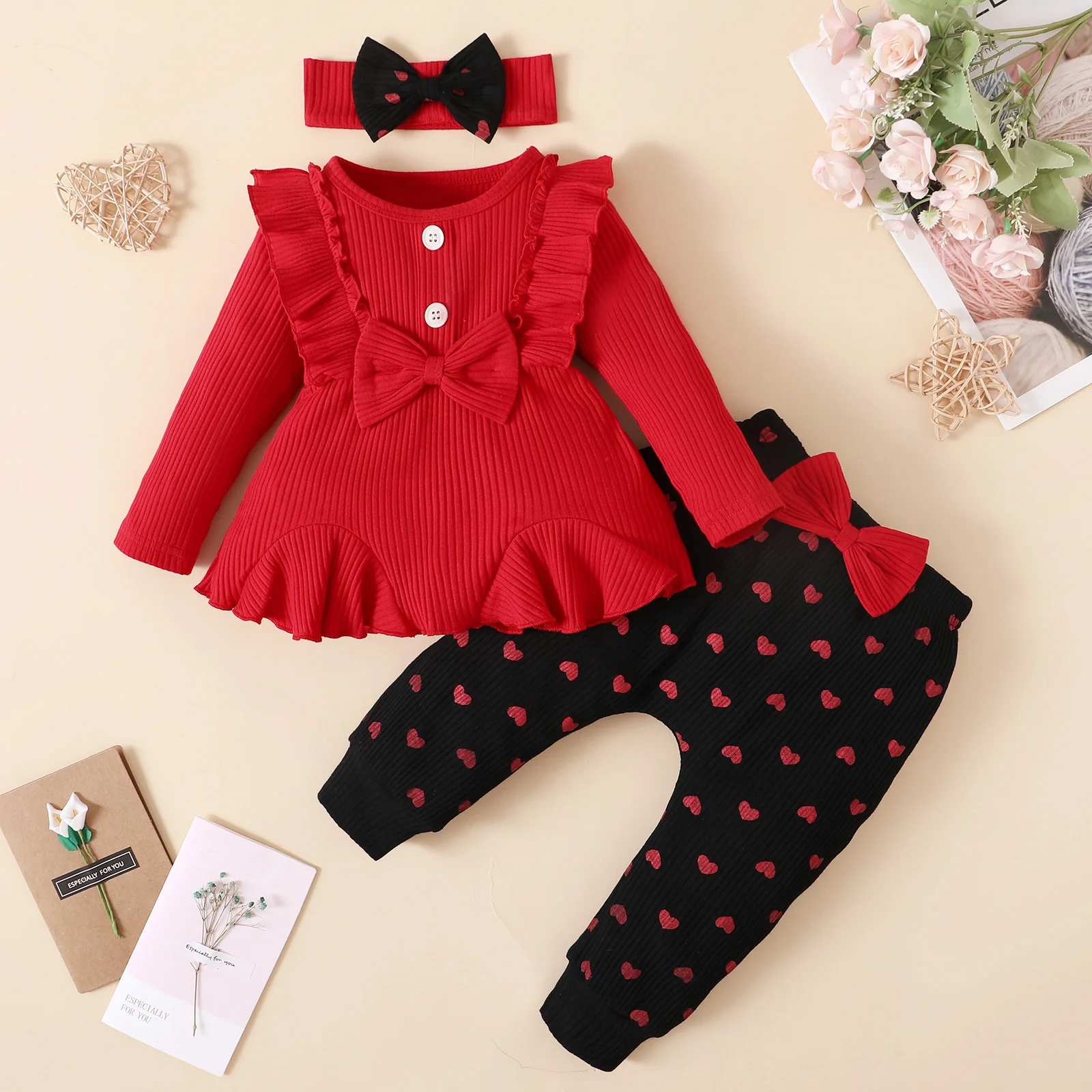 

3Pcs Fashion Toddler Baby Girl Clothes Sets Bowknot Solid Color Top Love Printed Trousers Casual Infant Autumn Outfits