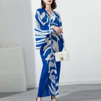 Miyake Pleated Large Size Dress Women 2022 Spring New Print V-neck Dolman Sleeves Cover The Flesh and Show Thin Long Women Dress