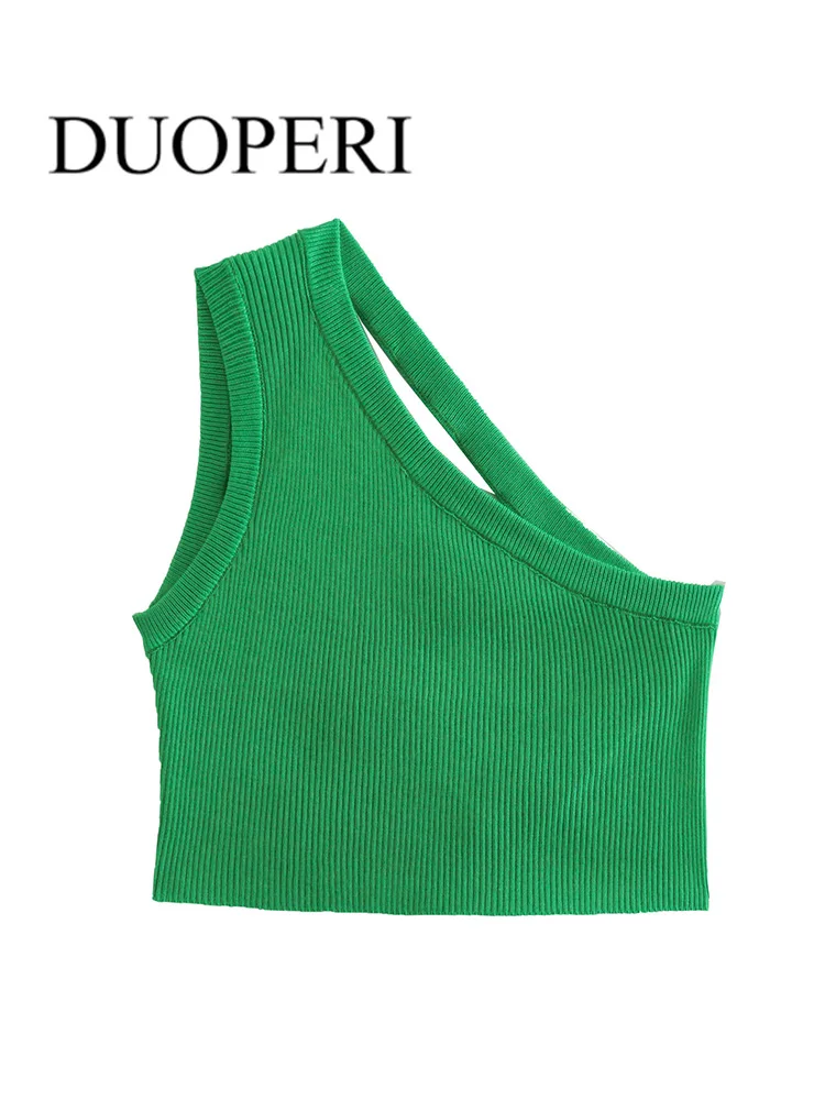

DUOPERI Women Fashion Cropped Knit Asymmetrical Backless Top Tanks With Single Strap Vintage Backless Female Camis Mujer