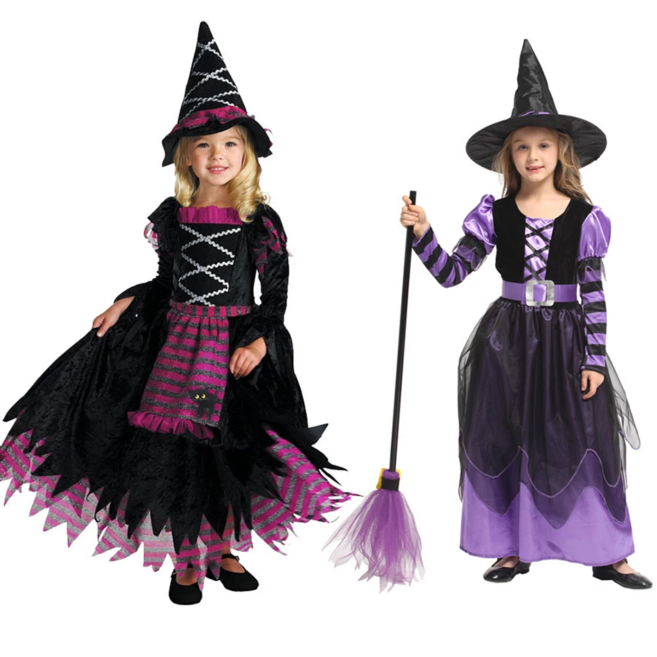 

Костюм ведьмы для девочек на Хэллоуин, длинное платье-пачка с шапкой и метлой, колготки, Детский костюм для карнавала, косплея, вечеринки, 2022