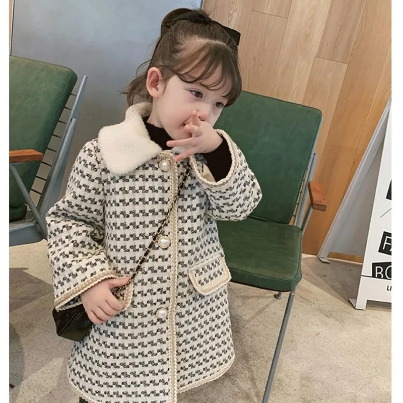 

Autumn White Plaid Coat Medium Length Houndstooth Overcoat Outfits Tweed Jacket Kids Clothes Little Girls Jackets