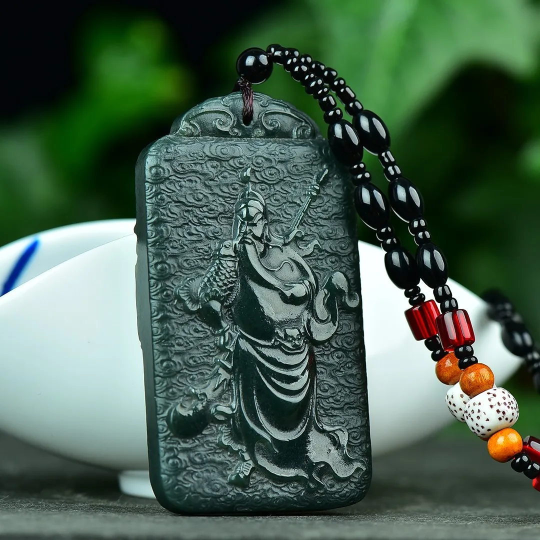 

Зеленая нефритовая подвеска Гуань Гонг с цепочкой из бисера, подвеска-талисман хатянь нефрит, гуанью, ожерелье для мужчин и женщин, амулет на удачу, цепочка для свитера