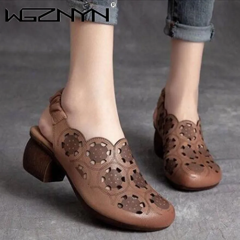 

NEW Genuine PU Leather Handmade Retro Women Sandals Casual Shoes Hollow Asakuchi Soft-soled Mom Shoes Leather Gladiator Sandals