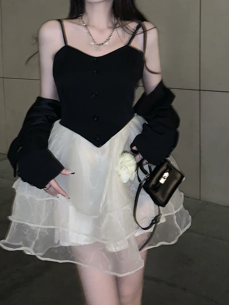 

Summer Bow Camis Dress Women Sweet Short Black&White Splicing Dress Party Dating Evening Dress Princess Tutu Dress For Women