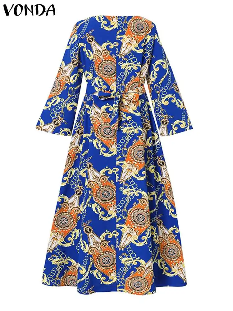Plus Size 5XL VONDA Women Maxi Dress 2023 Summer Bohemian Flare Sleeve Printed Sundress Belted Casual Loose Pockets Vintage Robe