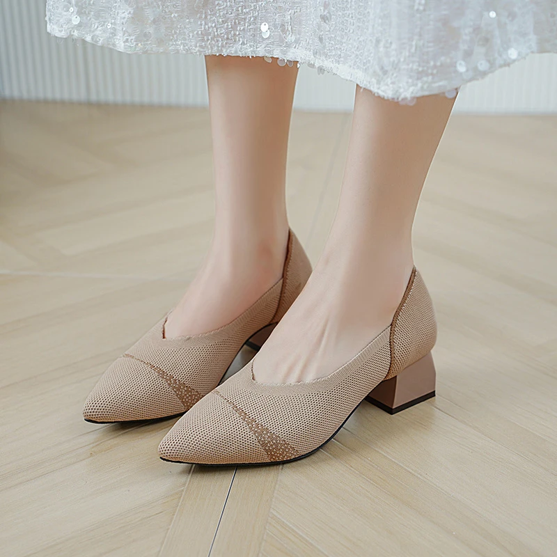 

Туфли женские с острым носком, Повседневная дышащая плетеная обувь на высоком квадратном каблуке, модные красивые, большие размеры 42