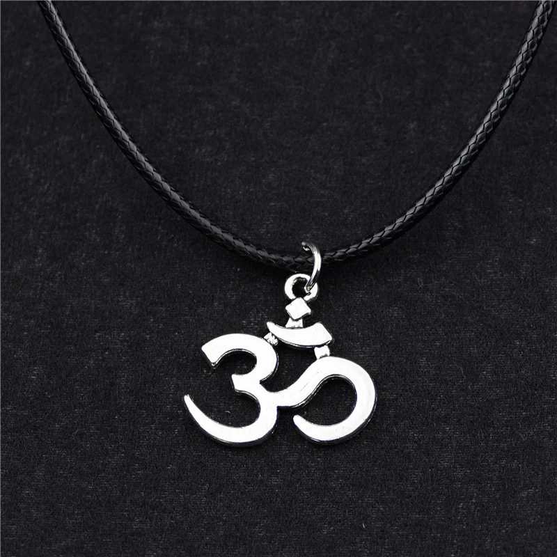 New Buddhist Antique Silver Color Yoga Om Pendant Leather Cord Chain Necklace Women Men Hindu Ohm Aum Charm Amulet Jewelry Gifts