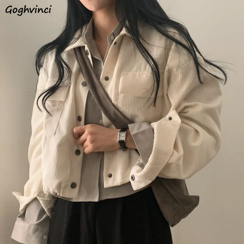 Cropped Jackets Women Vintage Chic Korean Fashion Loose All-match Casual Harajuku Spring Solid Corduroy Coats Streetwear College