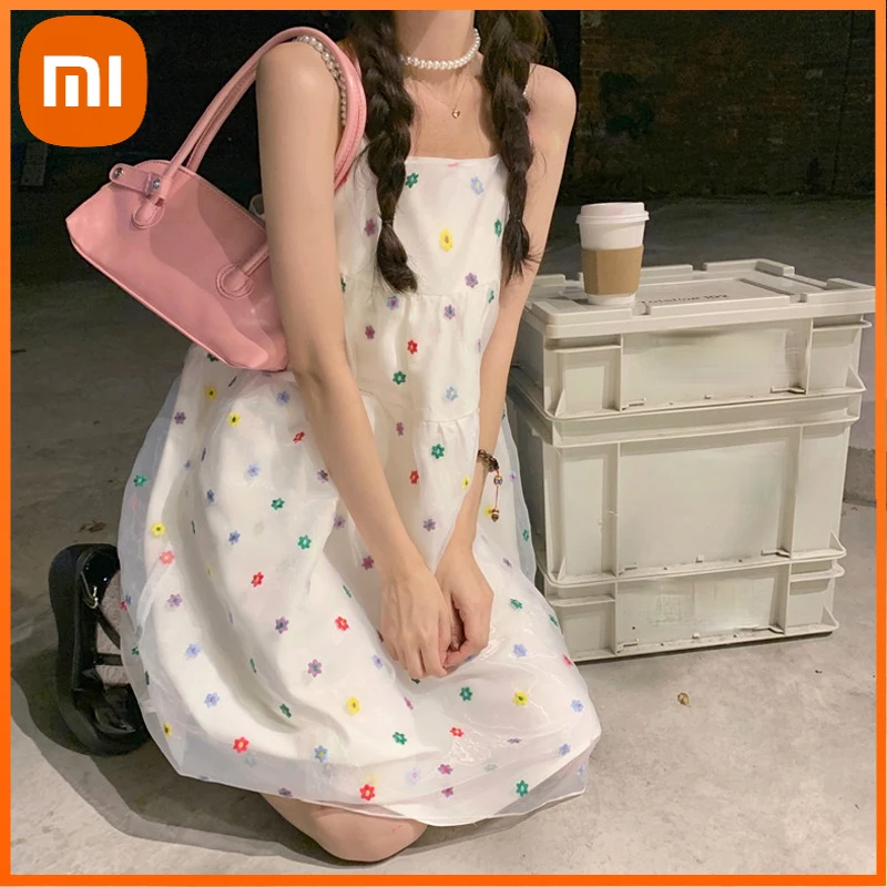 

Xiaomi Summer Casual Mini Dresses Women French Sleeveless Elegant Floral Strap Dress Korean Fashions Sweet Kawaii Clothes Ladies