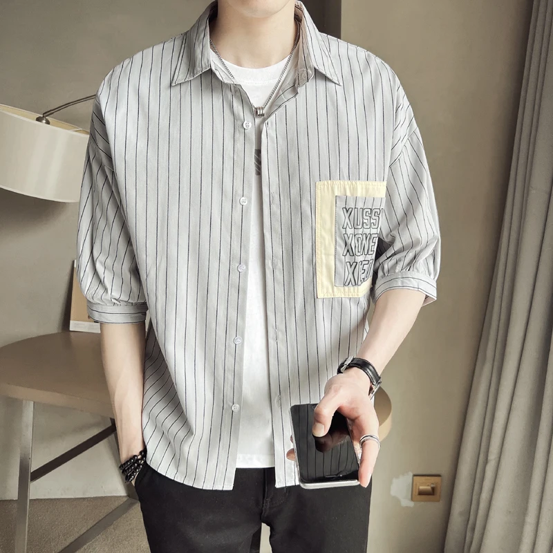 Popular summer Plaid medium sleeve printed five point sleeve handsome short sleeve shirt