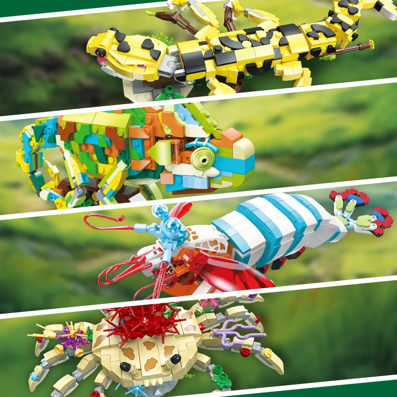 Биомиметические животные геккон/хамелеон/молода креветки/краб кирпичи MOC модель