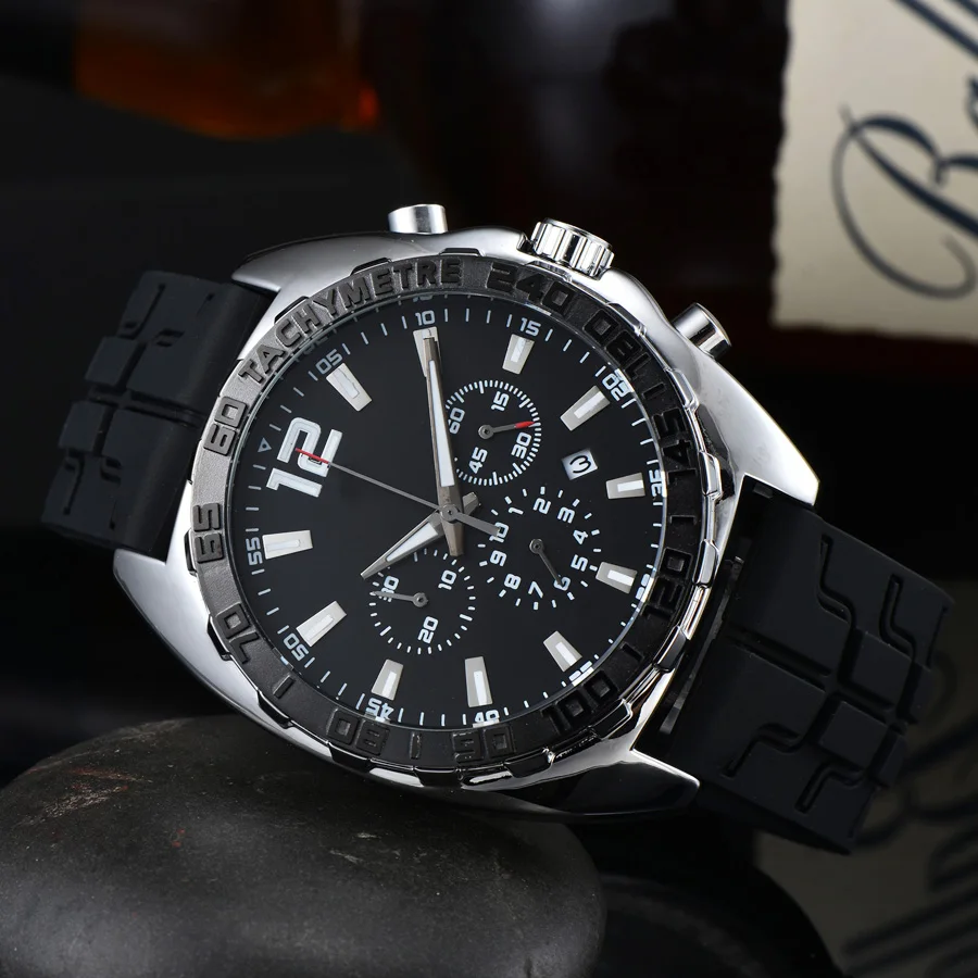 

NEW style Luxury Brand perfect Sport Quartz 6 Pins Multifunction Stainless steel relief Men Watch Man Rubber Calendar watches