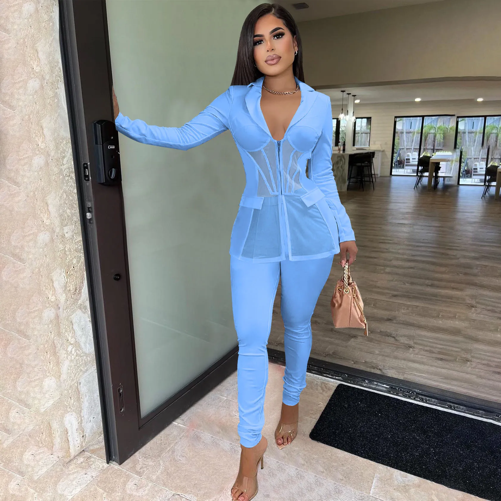 Elegant Sheer Mesh Patchwork Two Piece Set Women Sexy V Neck Corset Blazer Top + Pants Skinny Tracksuit Women Fashion Outfits