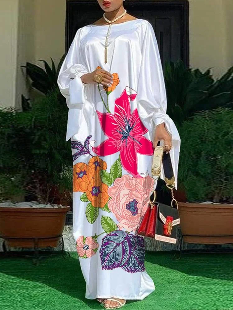 

Женское атласное платье-макси с длинным рукавом, повседневное свободное вечернее платье с винтажным цветочным принтом, пляжный сарафан в богемном стиле, лето 2023