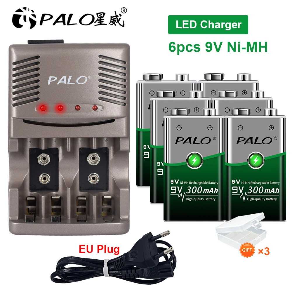 PALO 9V 300mah nimh Rechargeable Battery with LED charger for 1.2v nimh aa aaa rechargeable battery 9v nimh battery rechargeable
